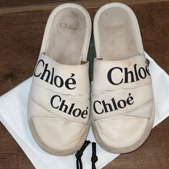 CHLOE WOODY LOGOED CANVAS & LEATHER WHITE MULE SLIPPERS Sz. 38/ US 8 - Picture 4 of 17